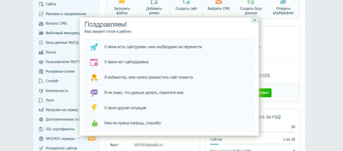 Использование панели управления хостингом